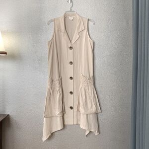 FOR CYNTHIA linen blend button front dress ruched pockets handkerchief hem sz M
